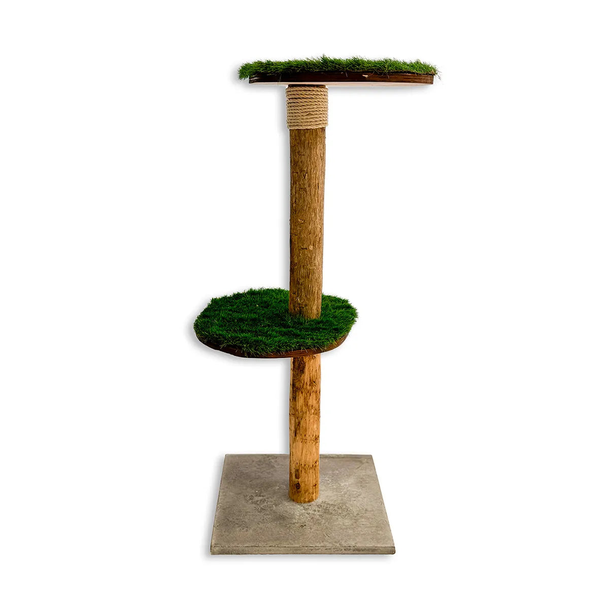 Arbre à chat en bois de châtaignier à deux plateformes en gazon synthétique