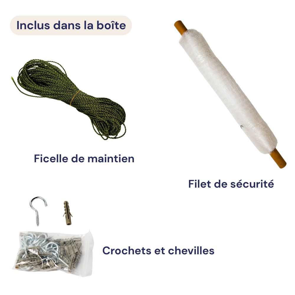 Ce qui est inclus dans le filet de protection pour toi : filet blanc, ficelle et crochets