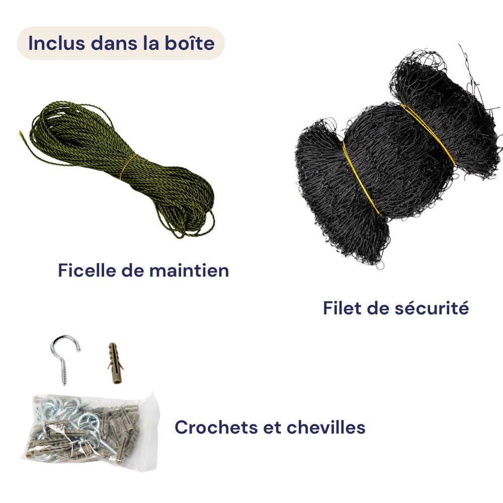 Ce qui est inclus dans le filet de protection pour toi : filet noir, ficelle et crochets