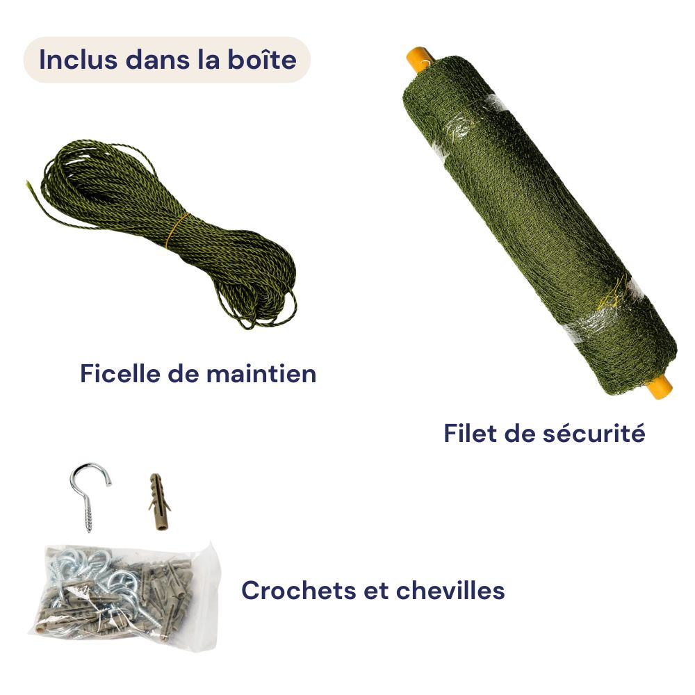 Ce qui est inclus dans le filet de protection pour toi : filet vert, ficelle et crochets