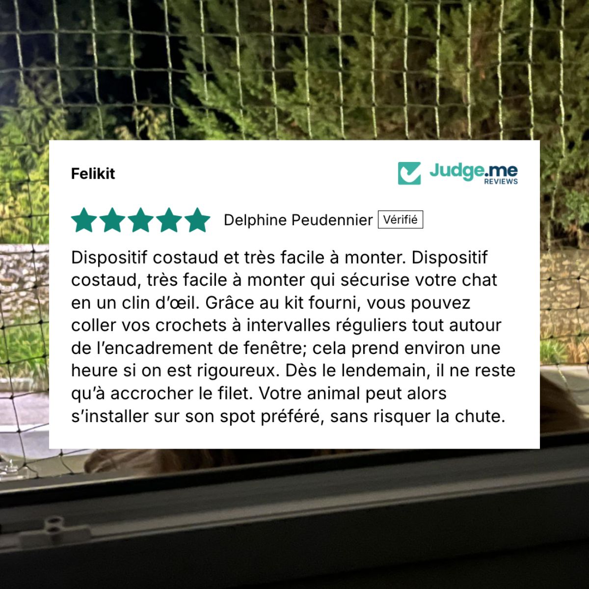 Avis client laissé sur le site de Felikit concernant le filet sans perçage 