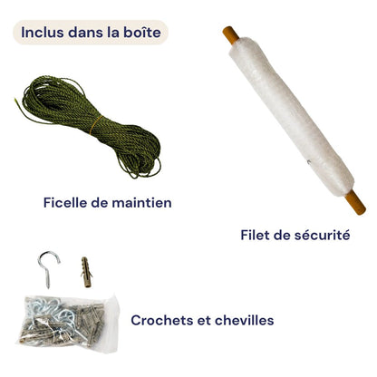 Ce qui est inclus dans le filet de protection pour toi : filet blanc, ficelle et crochets